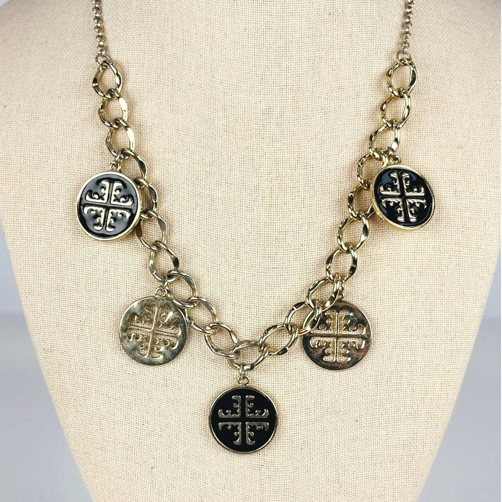 Statement Isis Gold Black Medallion Necklace Ornate Cross‎ Coin Reversible Chain